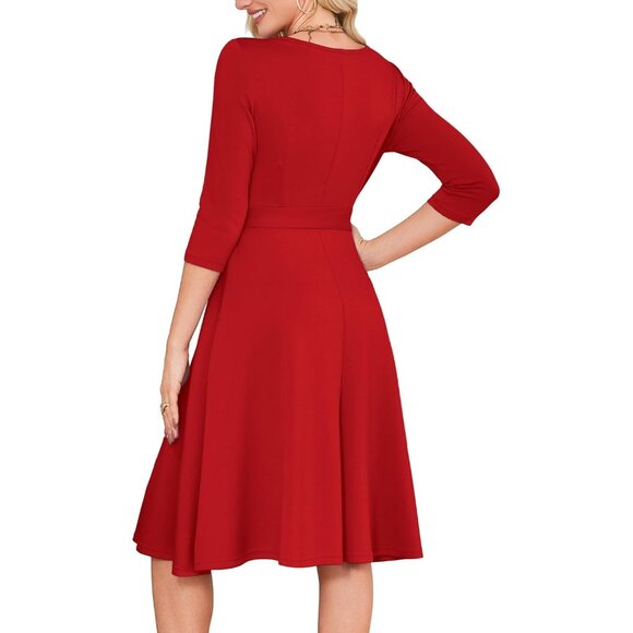 Women's Red 3/4 Sleeve Vintage Flattering A-line Vintage Cocktail Dresses - Picture 5 of 5